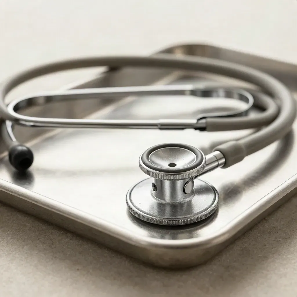 Macro stethoscope, pulse-ox clip, and tray on pale stone with soft light and dust
