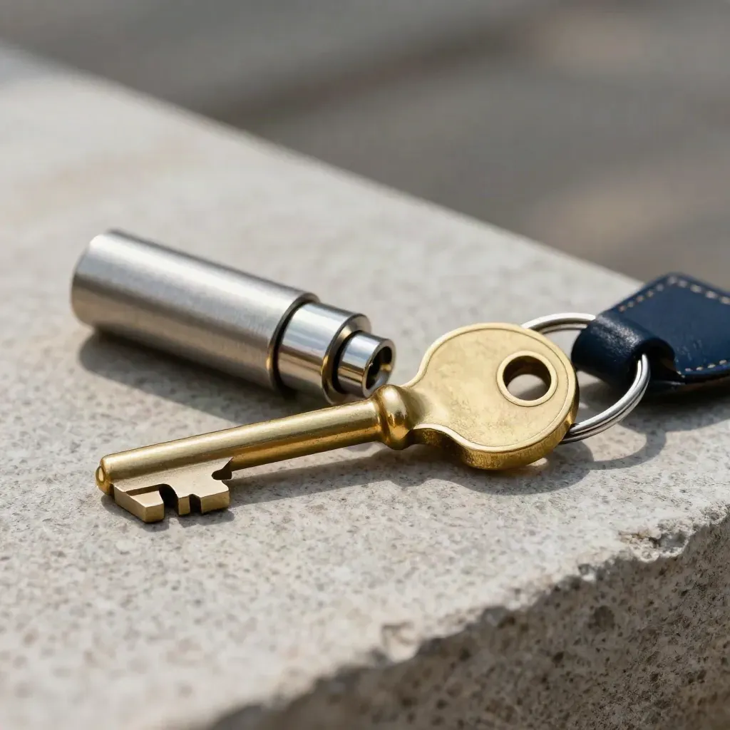 Brass vault key and steel lock cylinder on stone with a navy accent, lit by soft daylight.