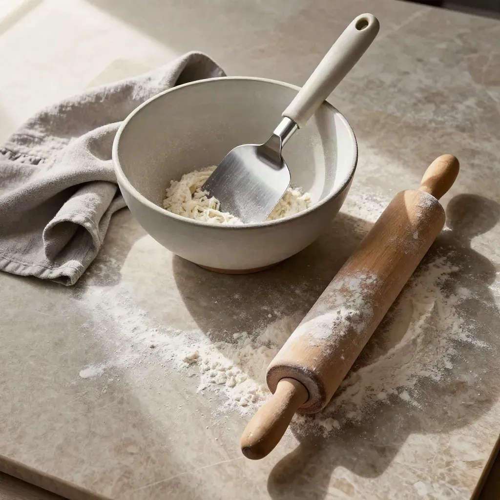 Overhead bakery still life with bowl, scraper, towel and rolling pin on stone dusted with flour