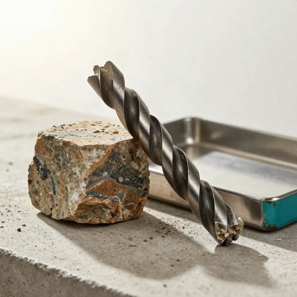 Carbide drill bit, rock core sample, and steel tray in a dusty mining still life