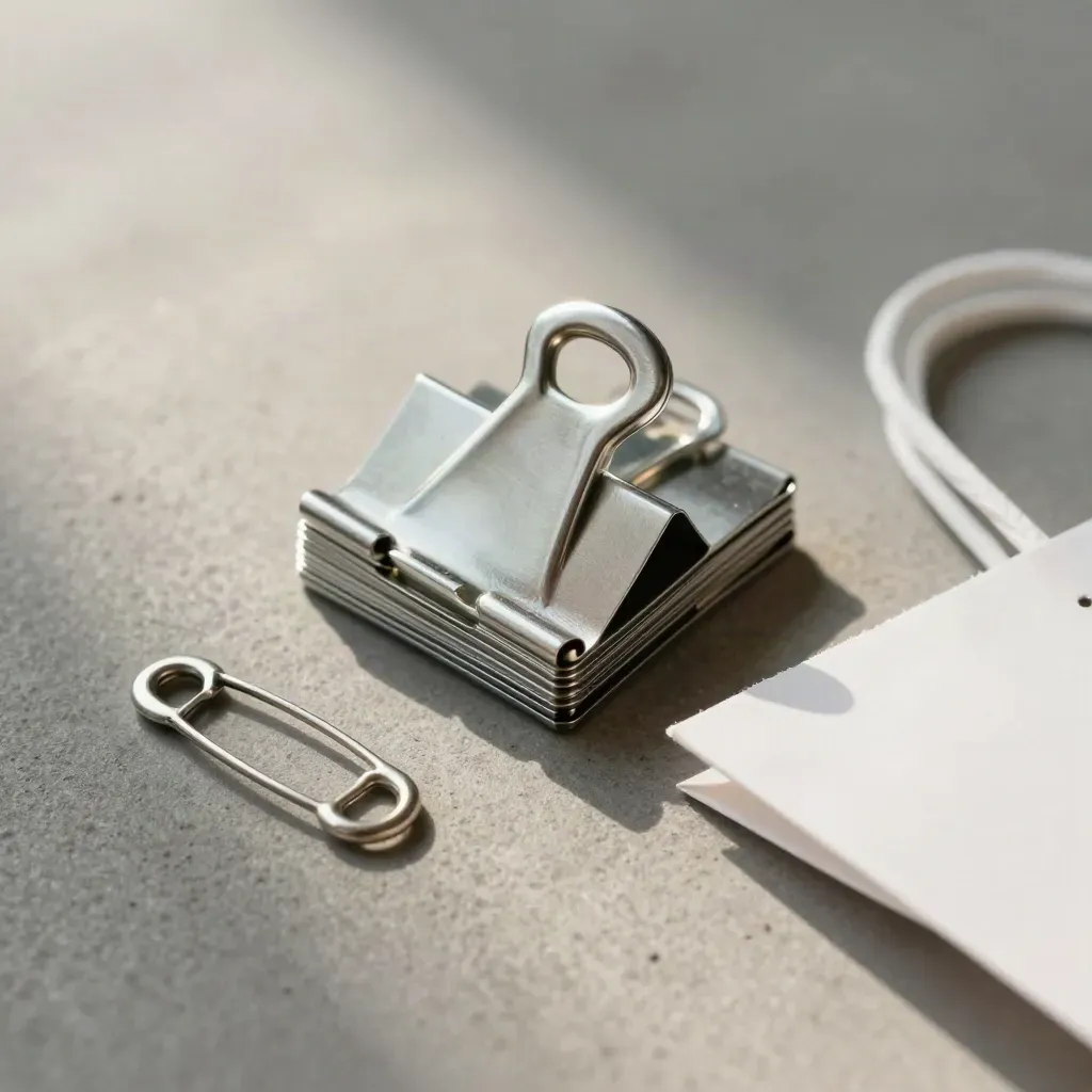 Top-down macro still life of shelf clips, a security tag pin, and folded shopping bag on concrete.