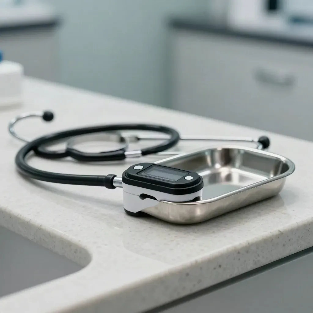 Stethoscope, pulse-ox sensor, and kidney dish on travertine in dramatic clinic light.