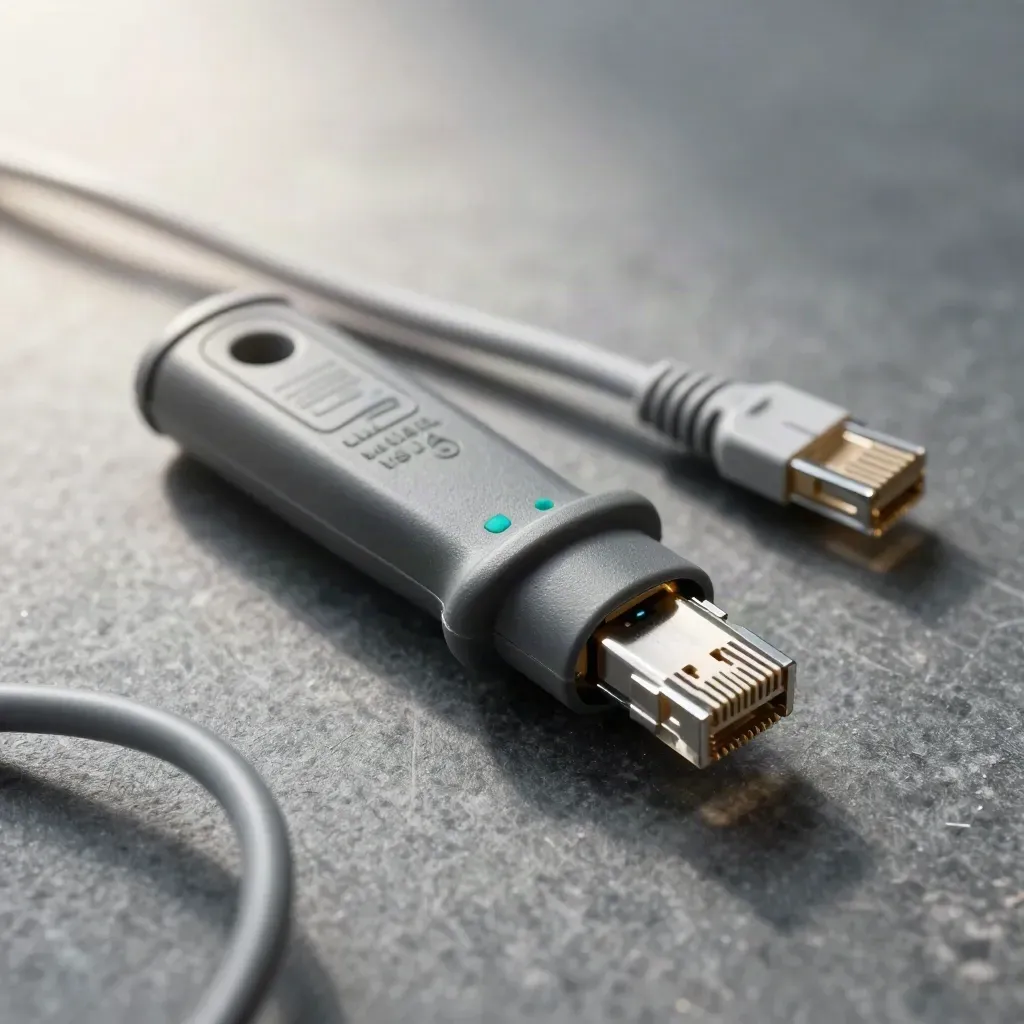 Compact cable tester with two short patch leads on matte stone, teal accents, top-down macro.