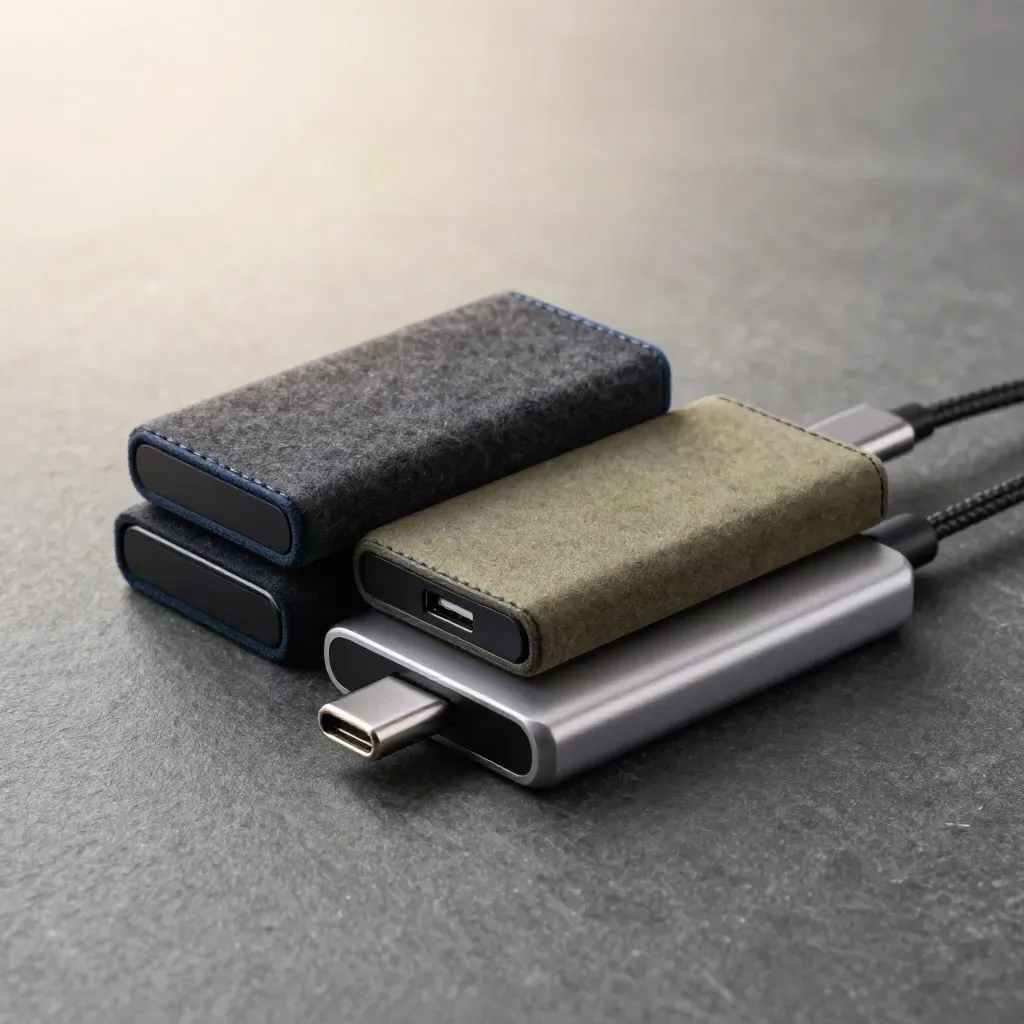 Two external SSDs in felt sleeves beside a slim USB-C dock on stone.