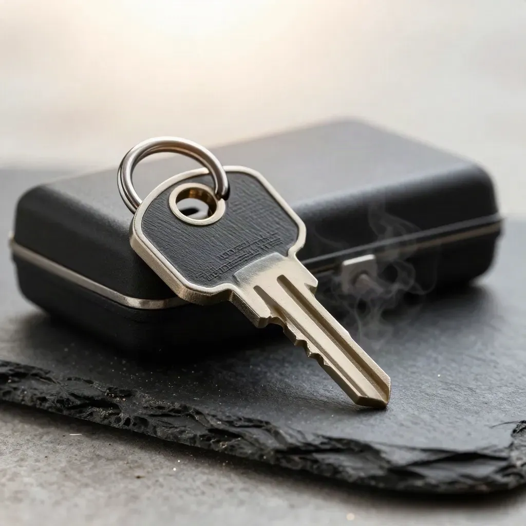 Hardware security key, lock shackle, and token case on slate stone in dramatic macro light