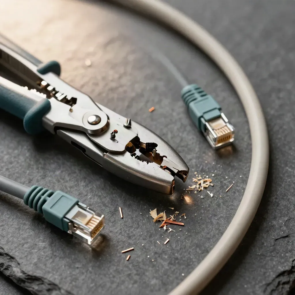 Top-down macro of an RJ45 crimp tool, ethernet connector and coiled Cat6 cable on graphite stone.