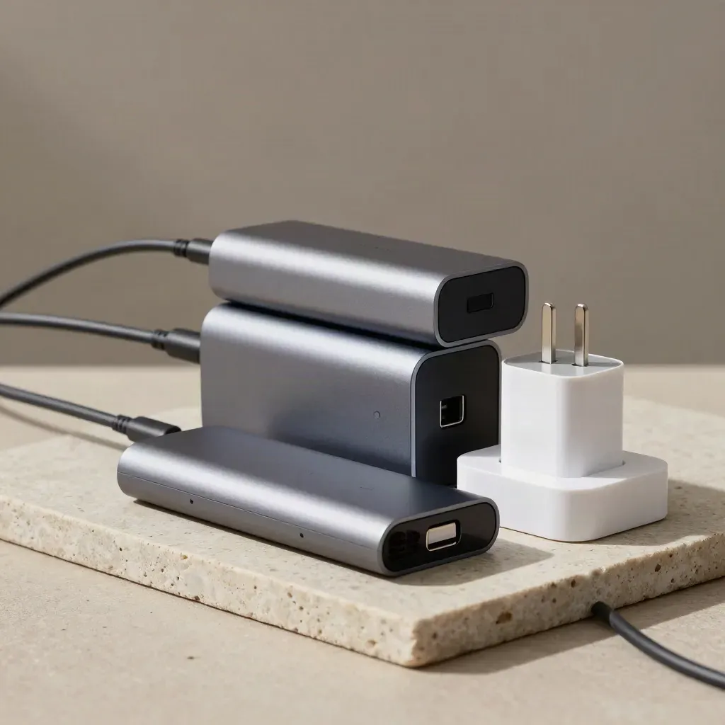 USB-C dock, power bricks, and charging cradle on limestone in dramatic studio light