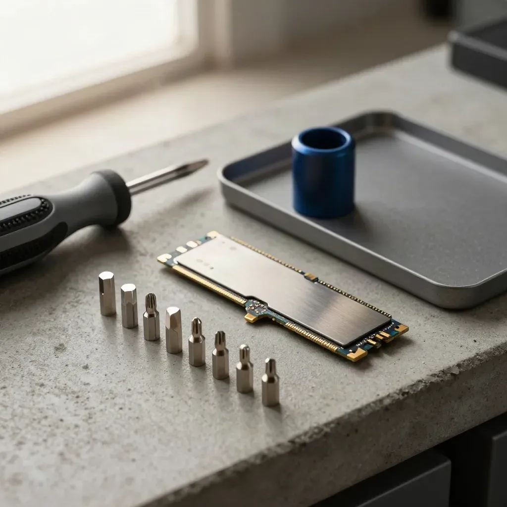 Precision screwdriver kit, bare M.2 SSD and anti-static tray on a graphite workbench.