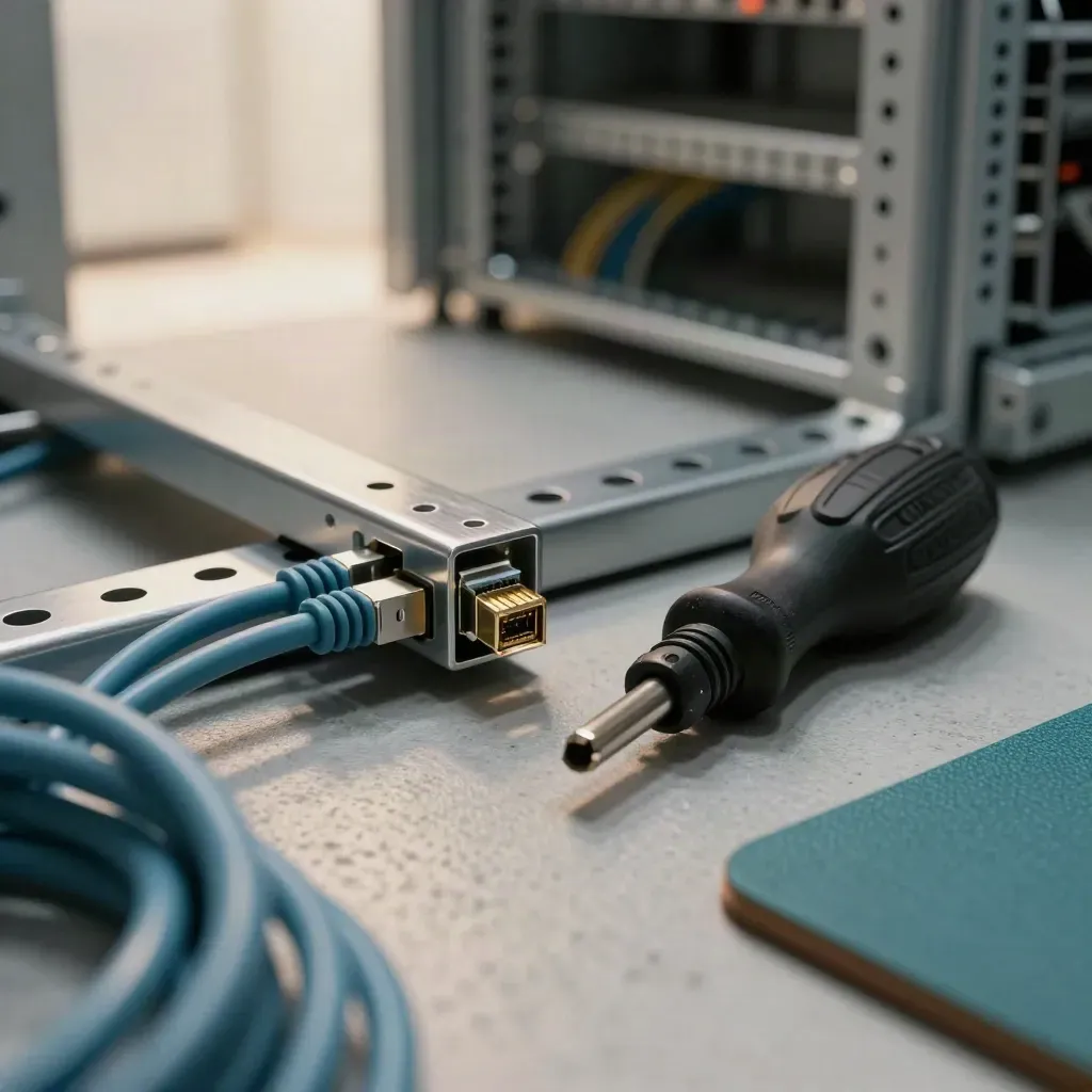 Moody server-room still life with rack ear bracket, SFP modules and Torx driver