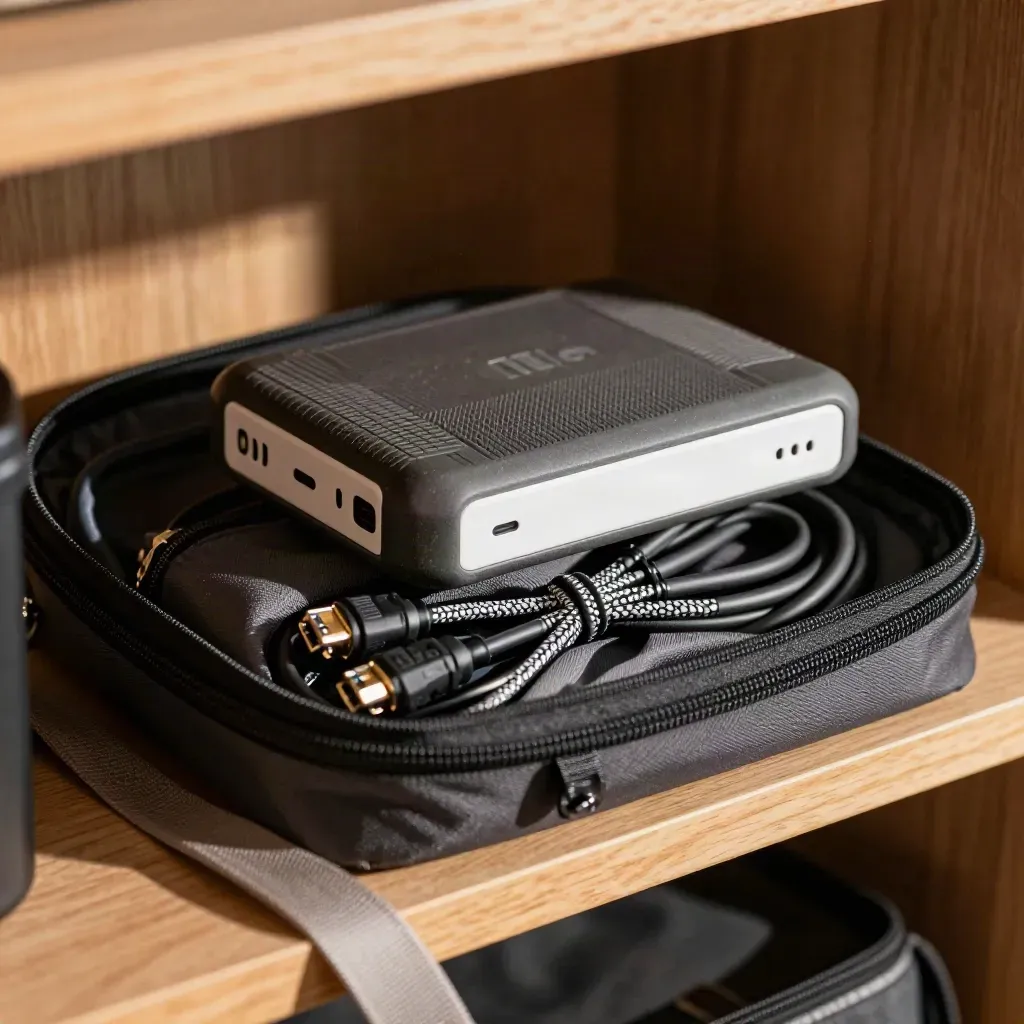 LTE hotspot, power bank, and cable pouch packed in an open tech bag on a warm oak shelf.