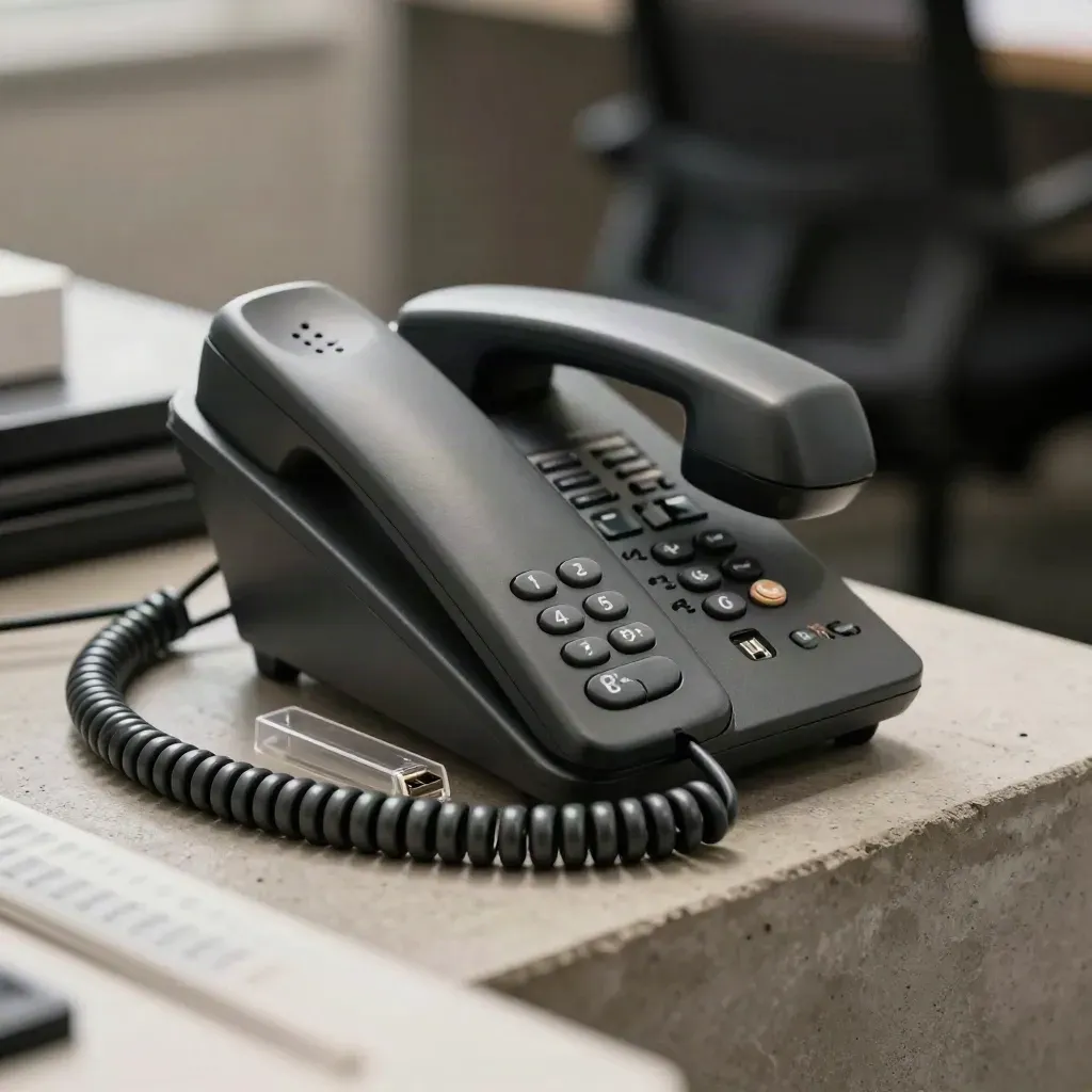 Cordless phone base, cable clips, and tidy desk hub on concrete with soft bokeh.