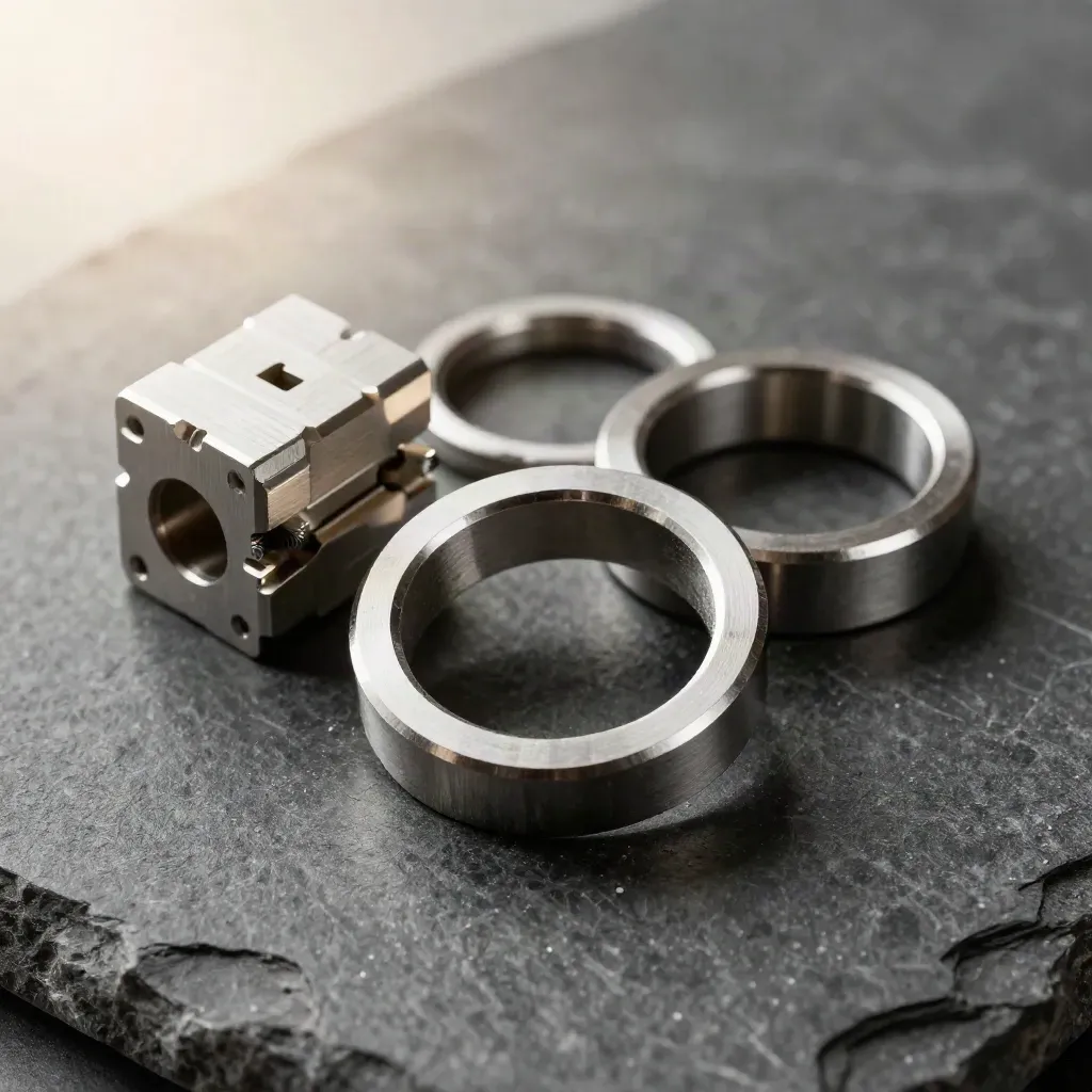 Overhead still life of metal rings, connector block and spacer on dark stone