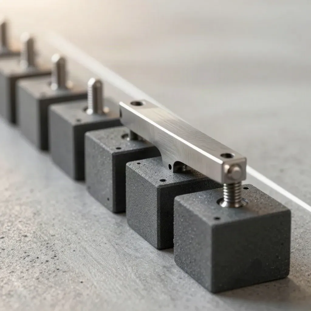 Graphite modular blocks and precision pins arranged in a stepped sequence on brushed concrete.