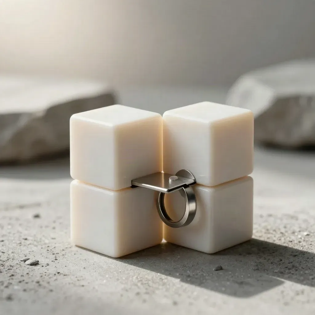 Pale modular cubes, a metal tab and connector ring on concrete with dramatic soft light.