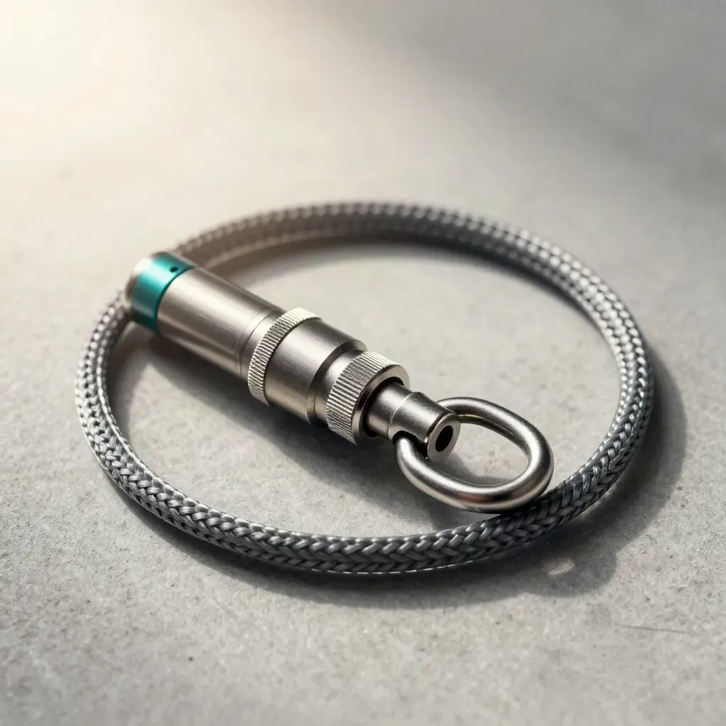 Macro still life of couplers, braided cable loop, and metal link on pale concrete.